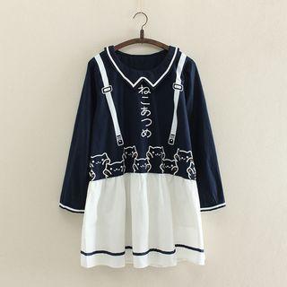 Long-sleeve Color-block Printed Dress