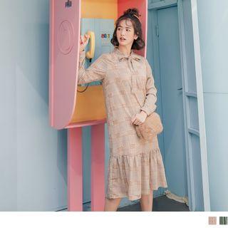 Ruffled Hem Plaid Tie-neck Dress