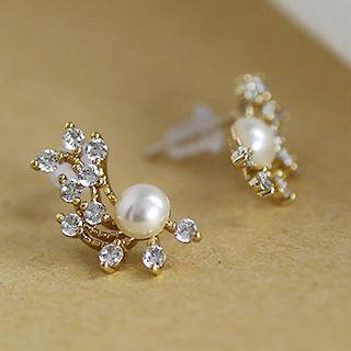 925 Sterling Silver Rhinestone Faux Pearl Earring 1 Pair - As Shown In Figure - One Size