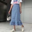 Gingham Ruffle Hem Midi Straight-fit Skirt
