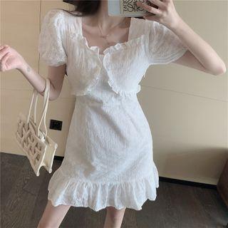 Puff-sleeve Eyelet Lace Mini Mermaid Dress White - One Size