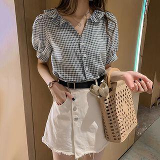 Plaid Ruffle Short-sleeve V-neck Shirt