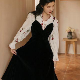 Set : Floral Blouse + Plain A-line Dress