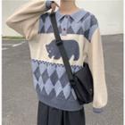Long-sleeve Pattern Printed Polo Shirt / High-waist Plain Skirt