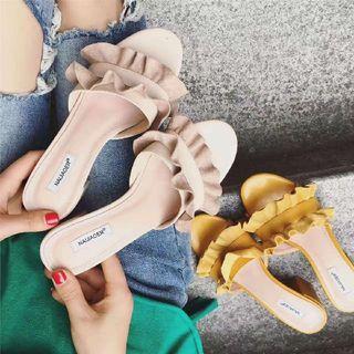 Chunky Heel Frilled Slide Sandals