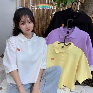 Cartoon Embroidered Short-sleeve Cropped Polo Shirt / Crochet Cardigan