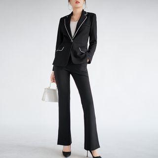 Contrast Trim Blazer / Boot-cut Dress Pants / Set