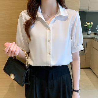 Short-sleeve Metal Button Plain Loose Fit Satin Shirt