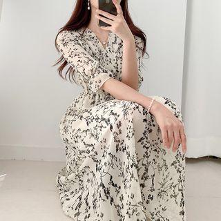 V-neck Slim Waist Chiffon Floral Skirt