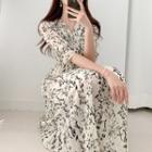 V-neck Slim Waist Chiffon Floral Skirt