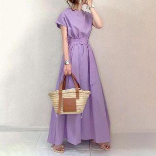 Short-sleeve Maxi A-line Dress Purple - One Size