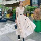 Puff-sleeve Square-neck Bow Panel Chiffon Dress