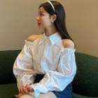 Long-sleeve Cold Shoulder Collared Blouse White - One Size