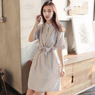 Elbow-sleeve Bow Waist A-line Dress