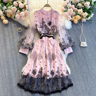 Long-sleeve Embroidered Lace Overlay A-line Dress