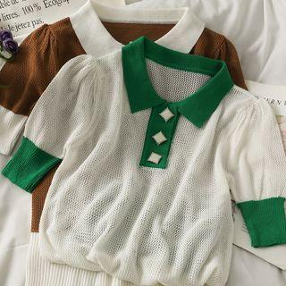 Colorblock Open-knit Polo Top