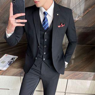 Set: Plain Blazer + Dress Pants + Button-up Vest