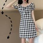 Puff-sleeve Check Bow-accent Dress