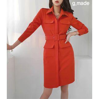 Flap-pocket Belted Safari Dress
