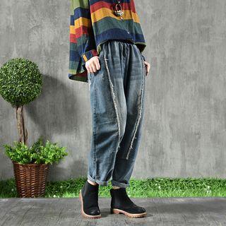 Frill Trim Loose Fit Jeans Monochrome - One Size