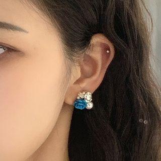 Faux Pearl Rose Stud Earring 1 Pair - Blue - One Size