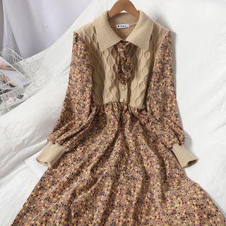 Long-sleeve Flower Print Collared Midi A-line Dress