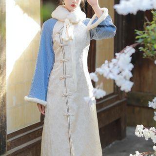 Set: Long-sleeve Frog Buttoned Qipao Dress + Removable Collar