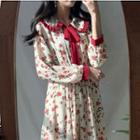 Floral Print Long-sleeve A-line Chiffon Dress As Shown In Figure - One Size