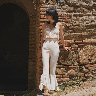 Set: Strappy Lace Bralette + High-waist Boot-cut Pants