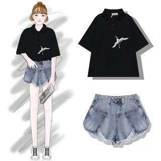 Elbow-sleeve Embroidered Placket T-shirt / Frayed Hem Hot Pants