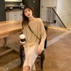 Set: Slit-hem Knitted Slipdress + Long Sleeve Top Almond - One Size