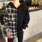 Plaid Panel Long-sleeve Hooded Shirt As Shown In Figure - One Size