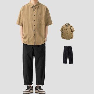 Elbow-sleeve Striped Shirt / Straight Leg Pants