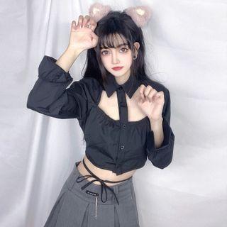 Puff-sleeve Cutout Crop Blouse