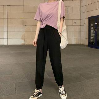 Short-sleeve Twist-front T-shirt / Harem Pants