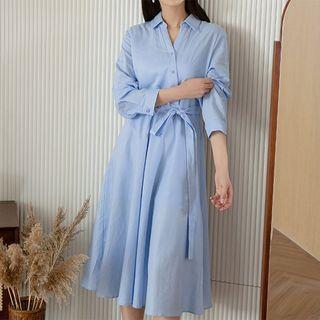 Diagonal-button Long Flare Shirtdress With Sash
