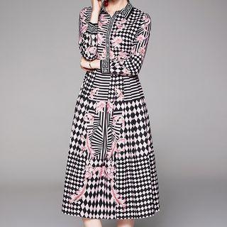 3/4-sleeve Patterned Midi A-line Shirt Dress