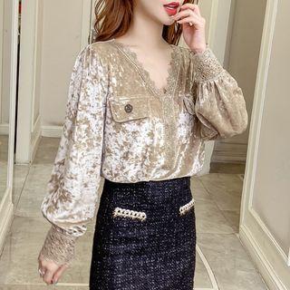 Lace-cuff Velvet Blouse