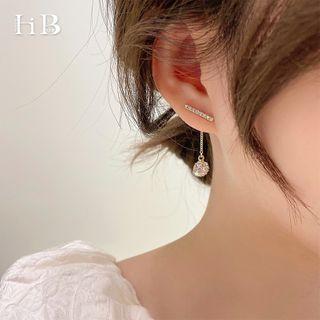Rhinestone Drop Sterling Silver Ear Stud 1 Pair - 925 Silver Needle - Gold - One Size
