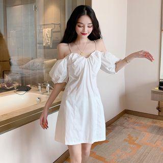 Puff-sleeve Rhinestone Strap Mini Dress