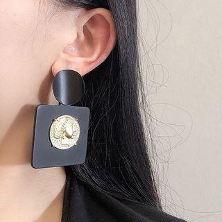 Embossed Square Alloy Dangle Earring 1 Pair - Silver Stud - Gold & Black - One Size