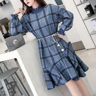 Lantern-sleeve Plaid Ruffle Hem Knit A-line Dress