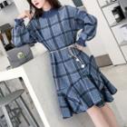 Lantern-sleeve Plaid Ruffle Hem Knit A-line Dress