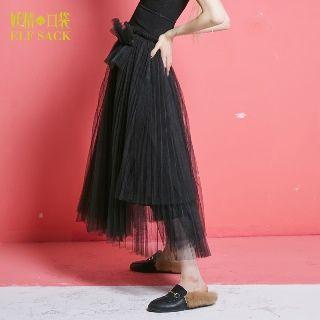 Mesh Overlay Asymmetric Midi Skirt