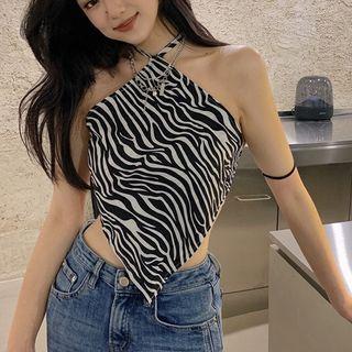 Sleeveless Halter Zebra Print Top As Figure - One Size