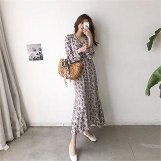 Buttoned Floral Chiffon Long Dress With Sash
