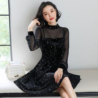Set: Long-sleeve Mesh Top + Spaghetti Strap Mini Velvet A-line Dress