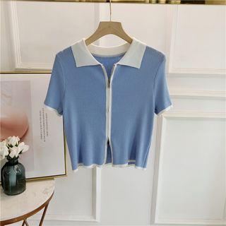 Short-sleeve Two-tone Zip-up Knit Top