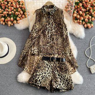 Set: Sleeveless Leopard Print Shirt + Shorts