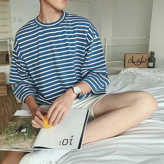 3/4-sleeve Striped Distressed Top